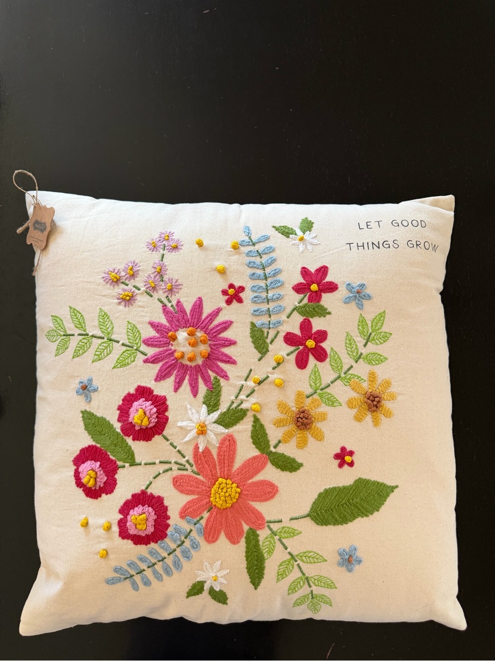 NEW with tags Mud Pie Embroidered Floral Accent Pillow - Cream with Pink & Green